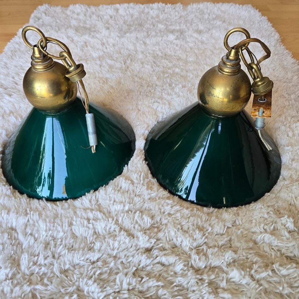 Vintage Emeral Green Glass Pendant Lights Fixtures With Chain & Brass Canopies